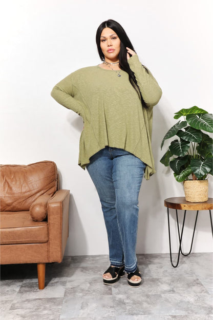 HEYSON Full Size Oversized Super Soft Rib Layering Top with a Sharkbite Hem and Round Neck