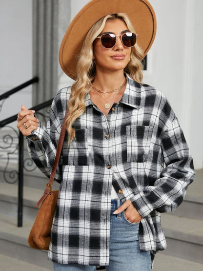 Plaid Collared Neck Long Sleeve Shirt