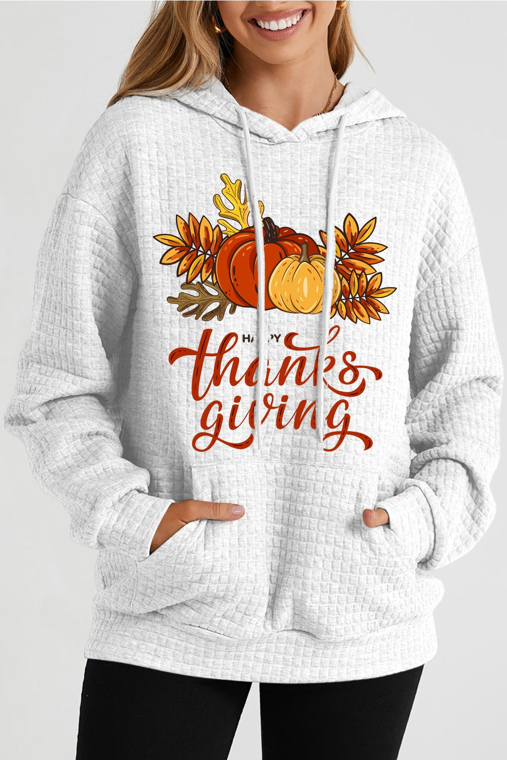 HAPPY THANKSGIVING Drawstring Graphic Hoodie