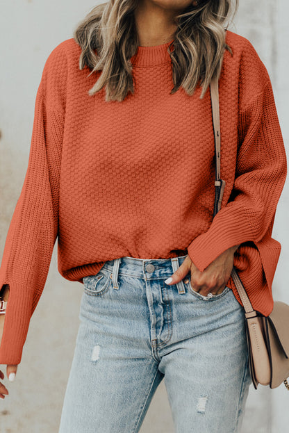 Textured Round Neck Long Sleeve Sweater