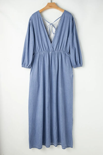 Tied Plunge Three-Quarter Sleeve Denim Dress