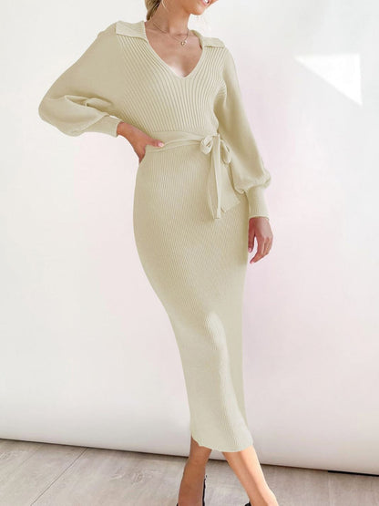 Tied Long Sleeve Wrap Sweater Dress