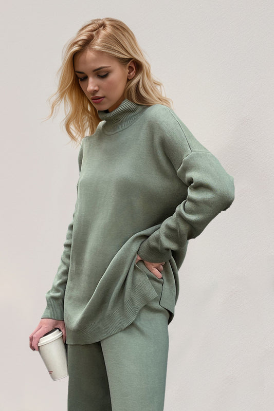 Basic Bae Side Slit Turtleneck Dropped Shoulder Sweater