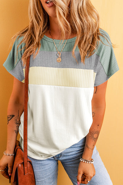 White Ribbed Color Block Patchwork T-shirt