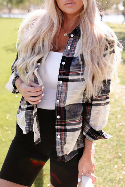 Blue Distressed Raw Edge Plaid Print Shirt