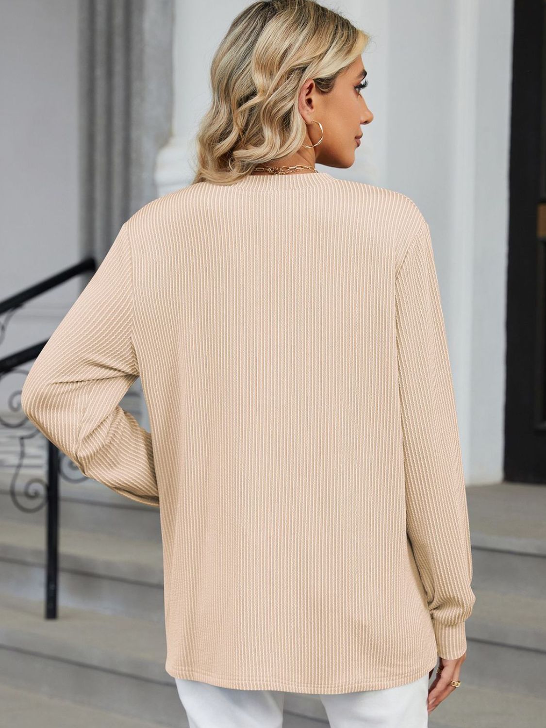 Striped Notched Long Sleeve T-Shirt