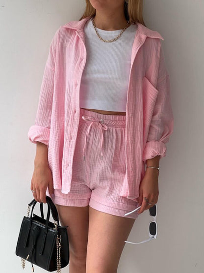 Texture Button Up Shirt and Drawstring Shorts Set