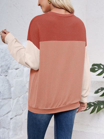 Color Block Round Neck Long Sleeve Sweatshirt