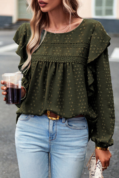 Black Lace Eyelet Ruffle Shoulder Long Sleeve Blouse