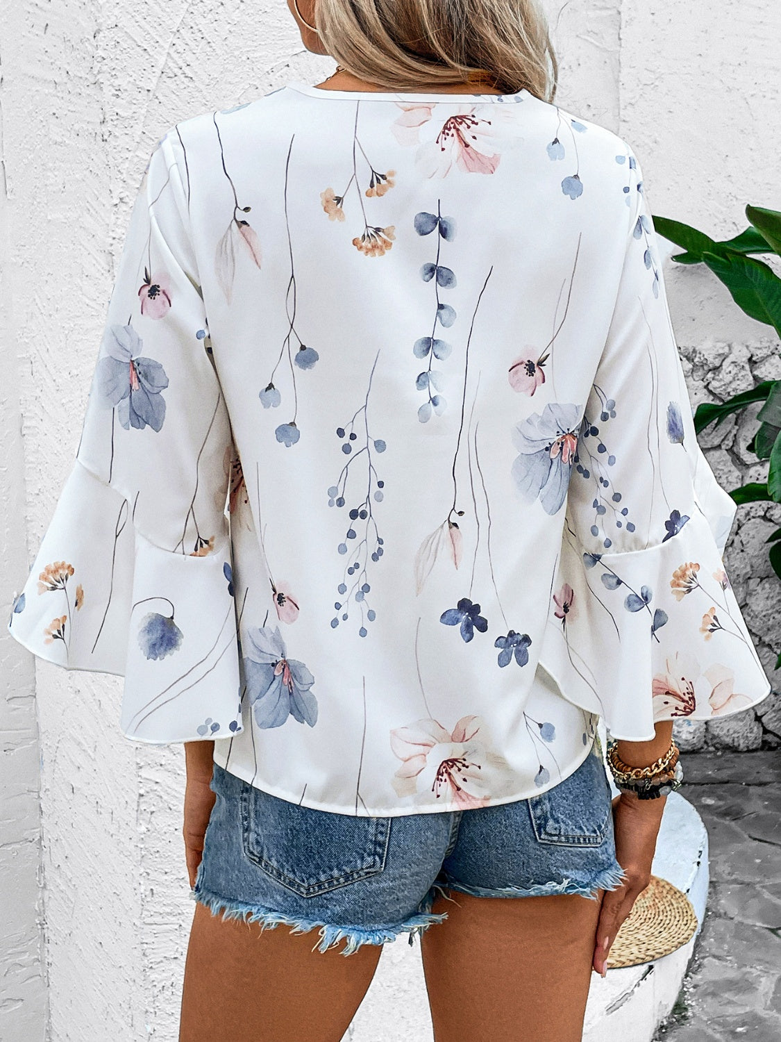 Ruffled Printed V-Neck Half Sleeve Blouse