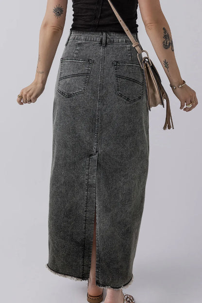 Raw Hem Midi Denim Skirt with Pockets