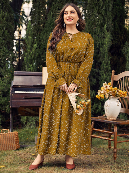 Plus Size Ruffled Polka Dot Long Sleeve Midi Dress