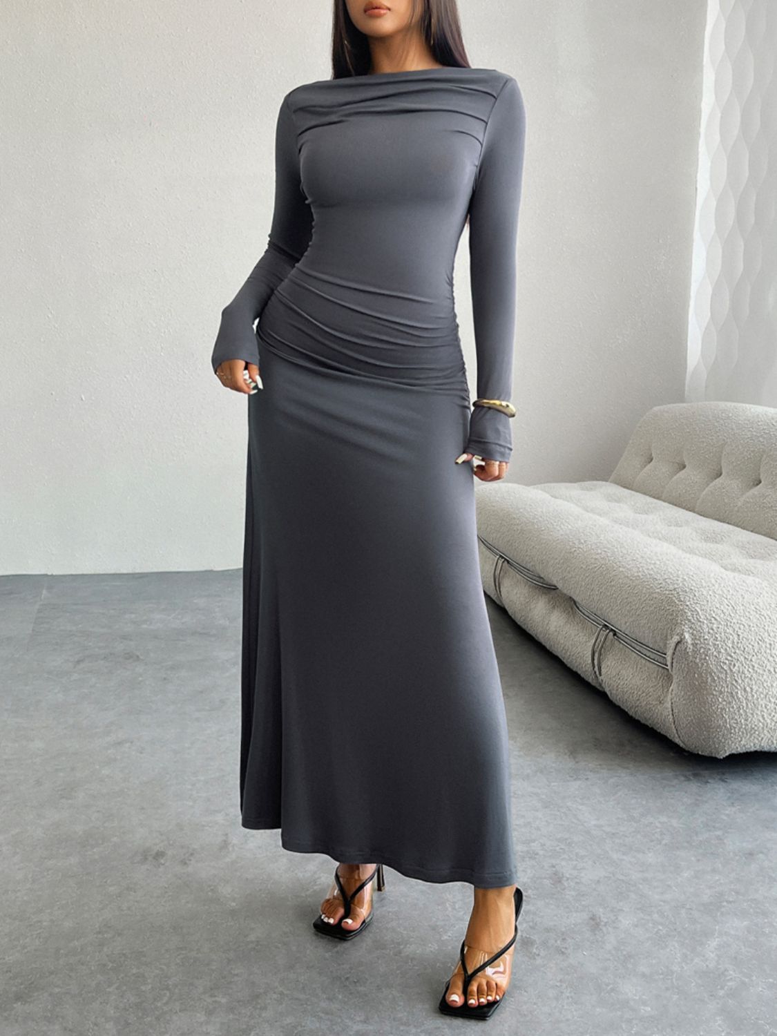 Devine Ruched Long Sleeve Maxi Dress