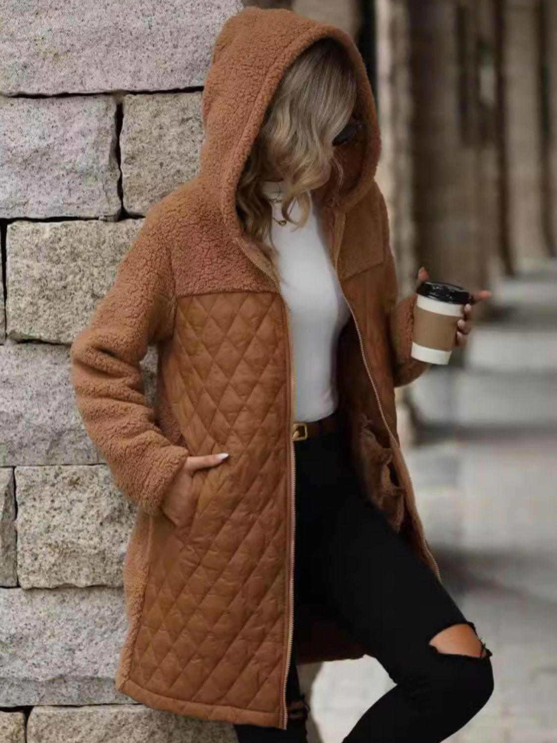 Texture Zip Up Long Sleeve Hooded Coat