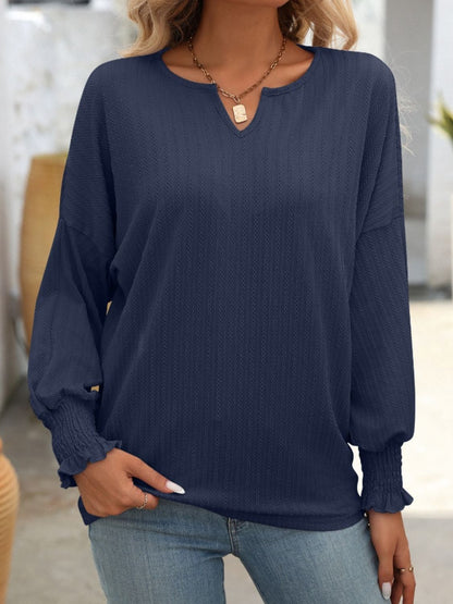 Textured Notched Lantern Sleeve T-Shirt