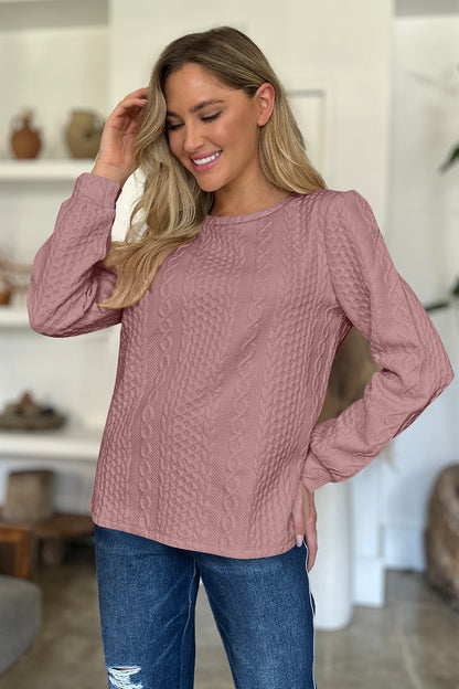 Textured Round Neck Long Sleeve Sweatshirt