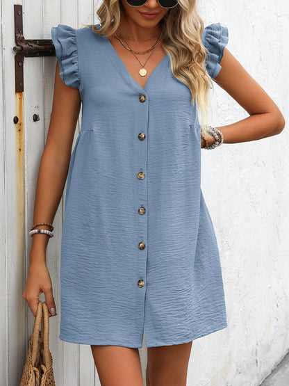 Button Up V-Neck Cap Sleeve Mini Dress