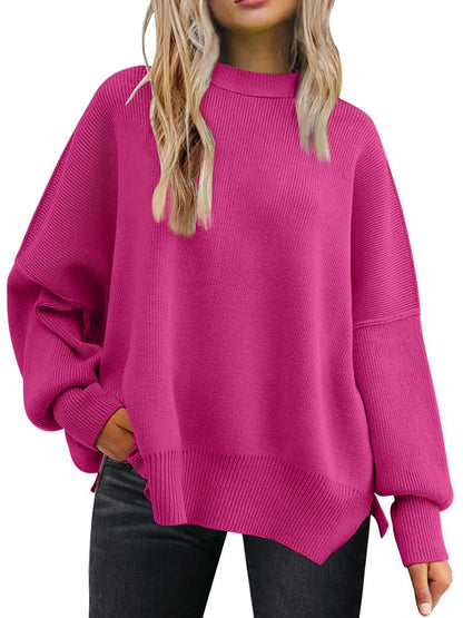 Slit Round Neck Dropped Shoulder Sweater