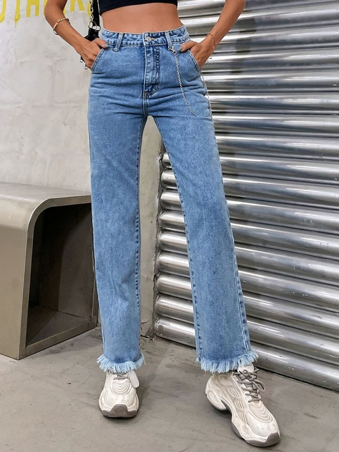 Raw Hem Jeans with Pockets