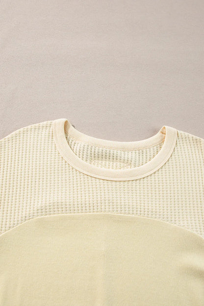 Waffle-Knit Round Neck Long Sleeve Top