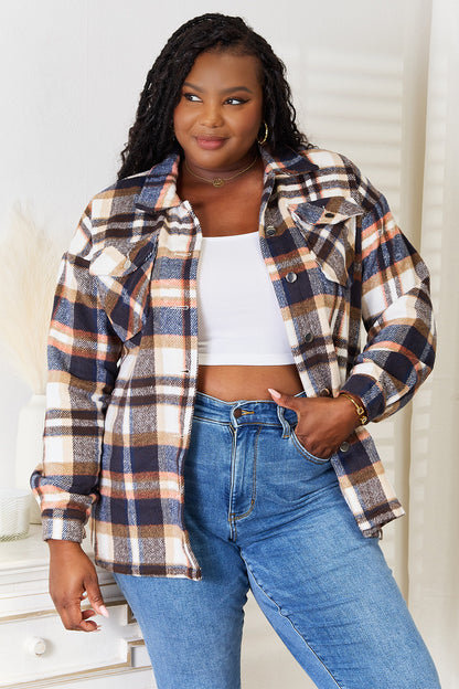 Double Take Plaid Button Front Shirt Jacket with Breast Pockets