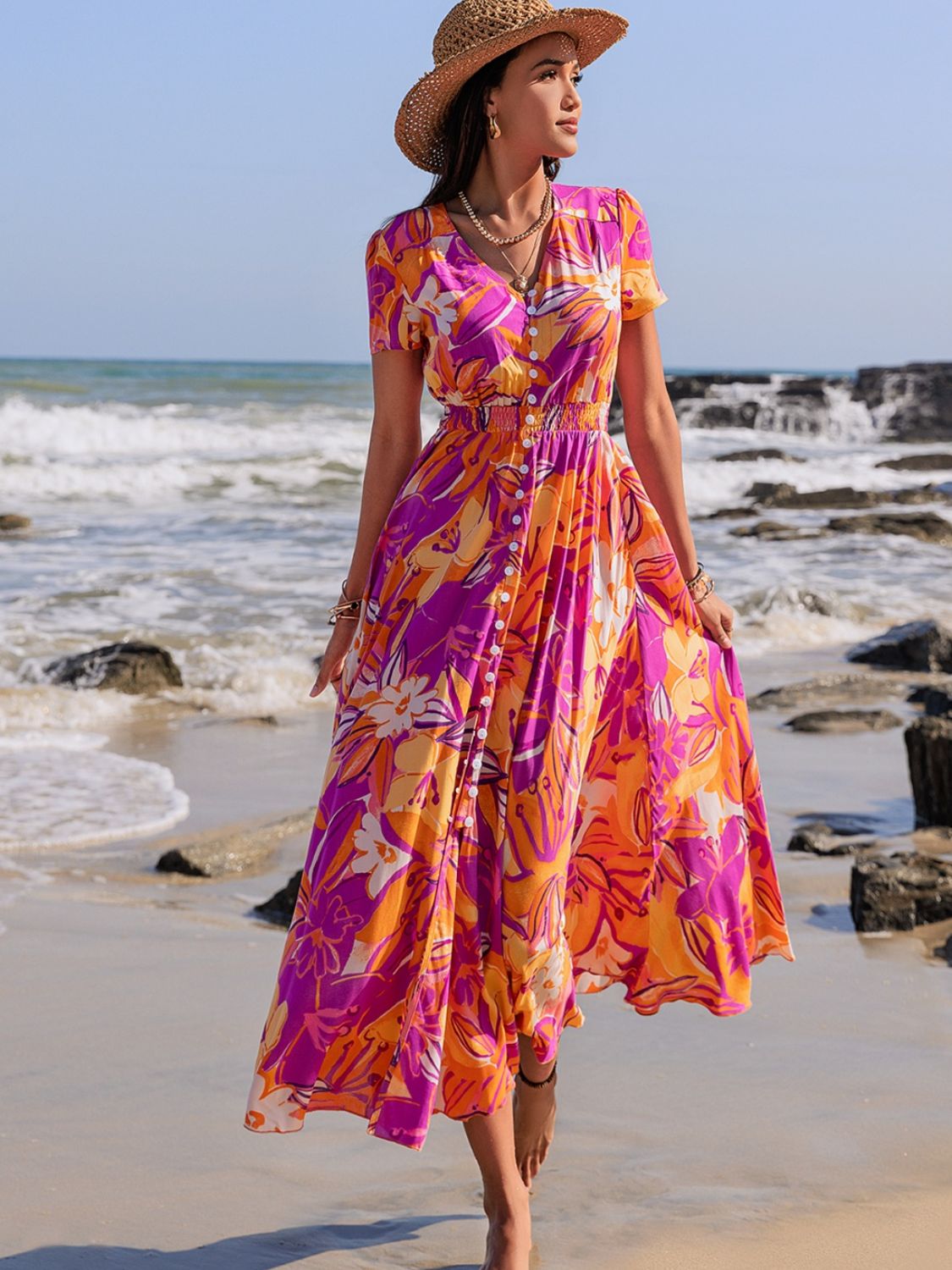 Printed V-Neck Short Sleeve Midi Dress