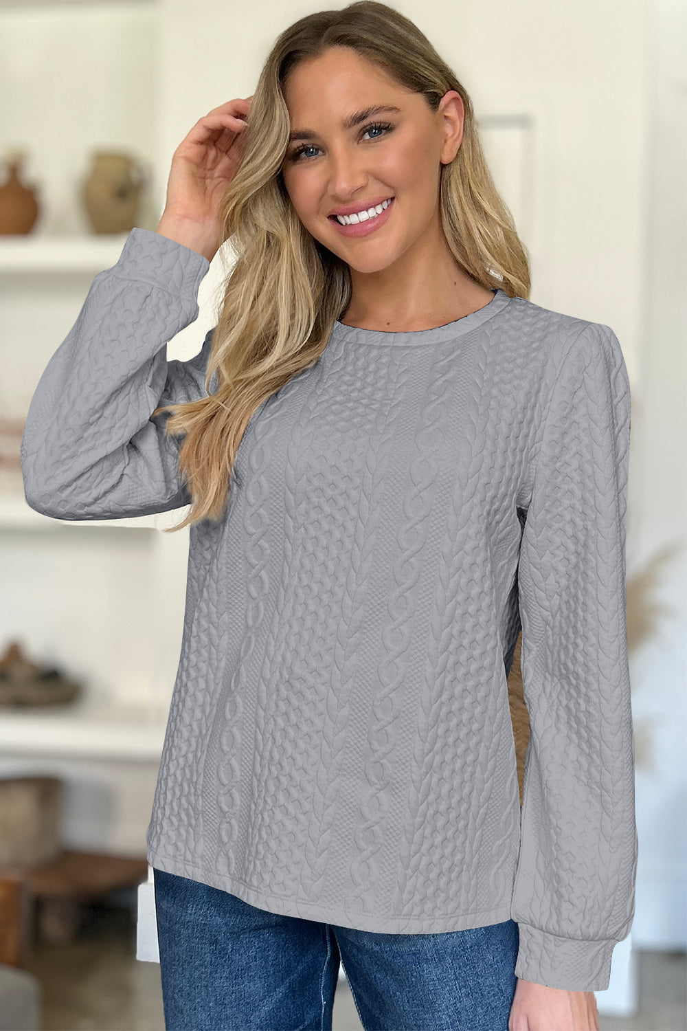 Textured Round Neck Long Sleeve Sweatshirt