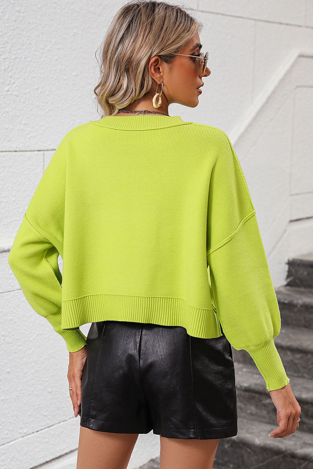 Round Neck Dropped Shoulder Pullover Sweater