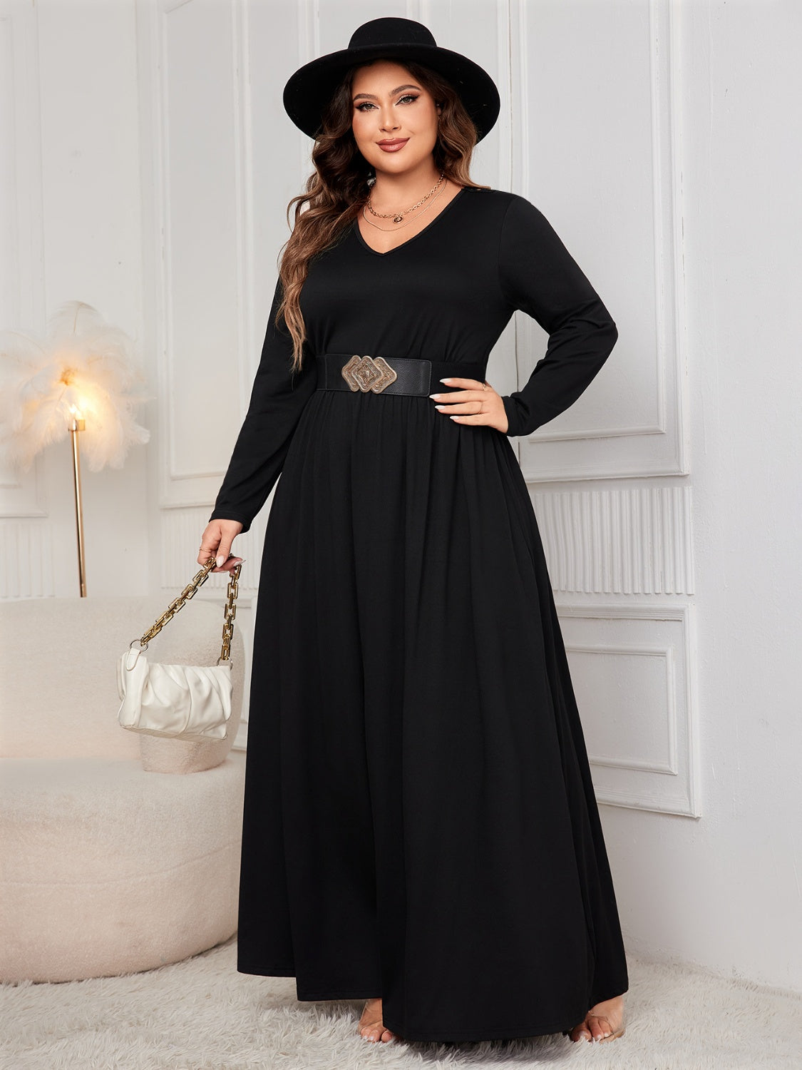 Plus Size Cutout V-Neck Long Sleeve Maxi Dress