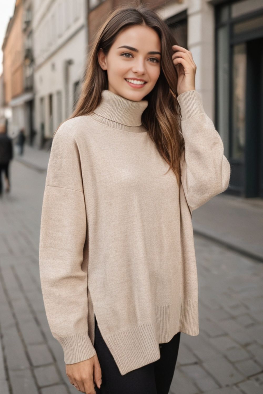 Basic Bae Side Slit Turtleneck Dropped Shoulder Sweater