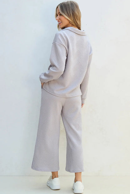 Textured Long Sleeve Top and Drawstring Pants Set