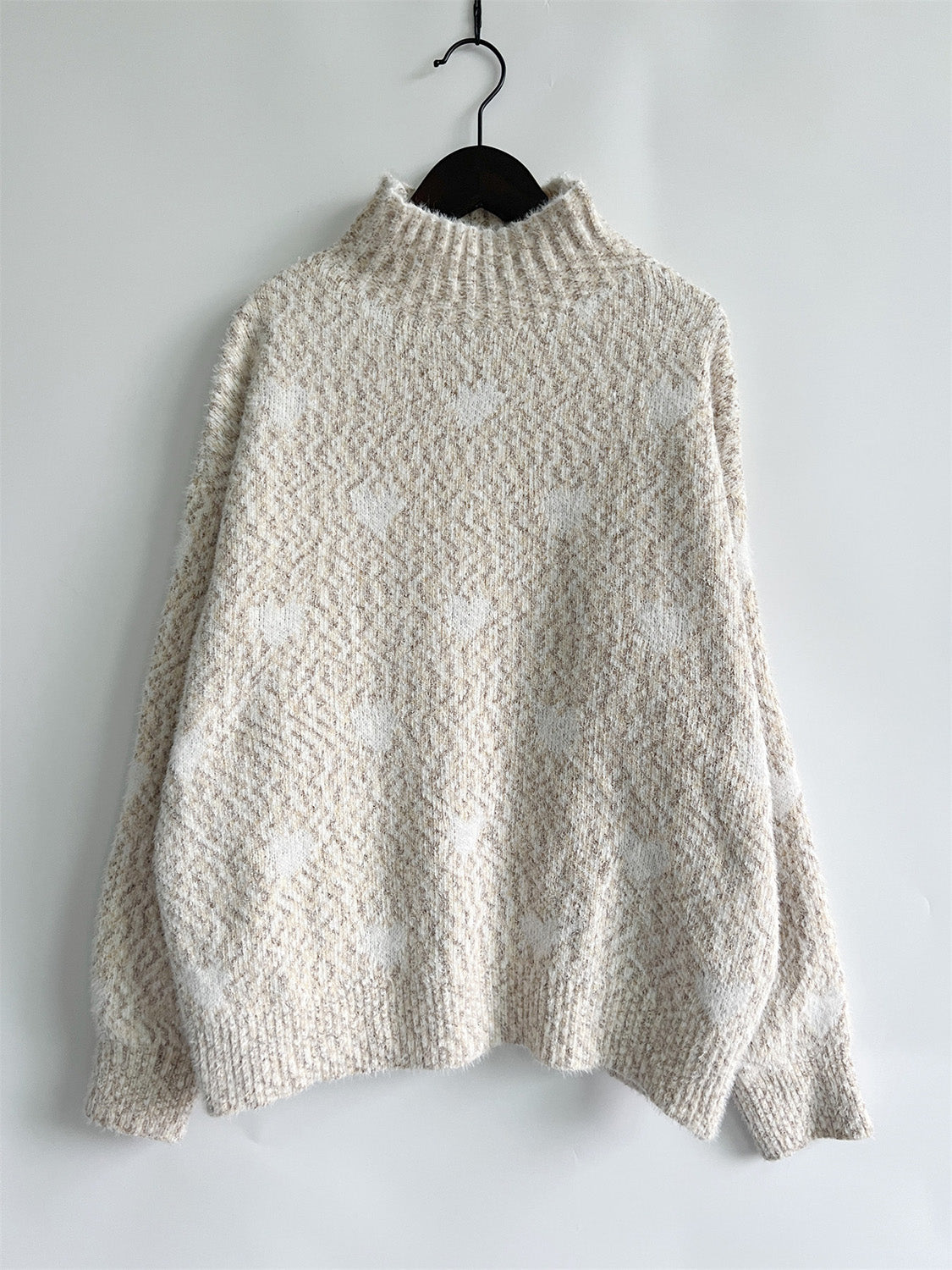 Heart Heathered Turtleneck Drop Shoulder Sweater