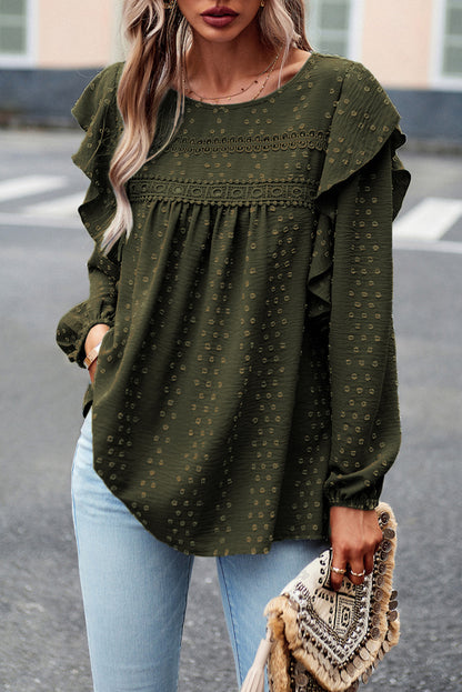 Black Lace Eyelet Ruffle Shoulder Long Sleeve Blouse