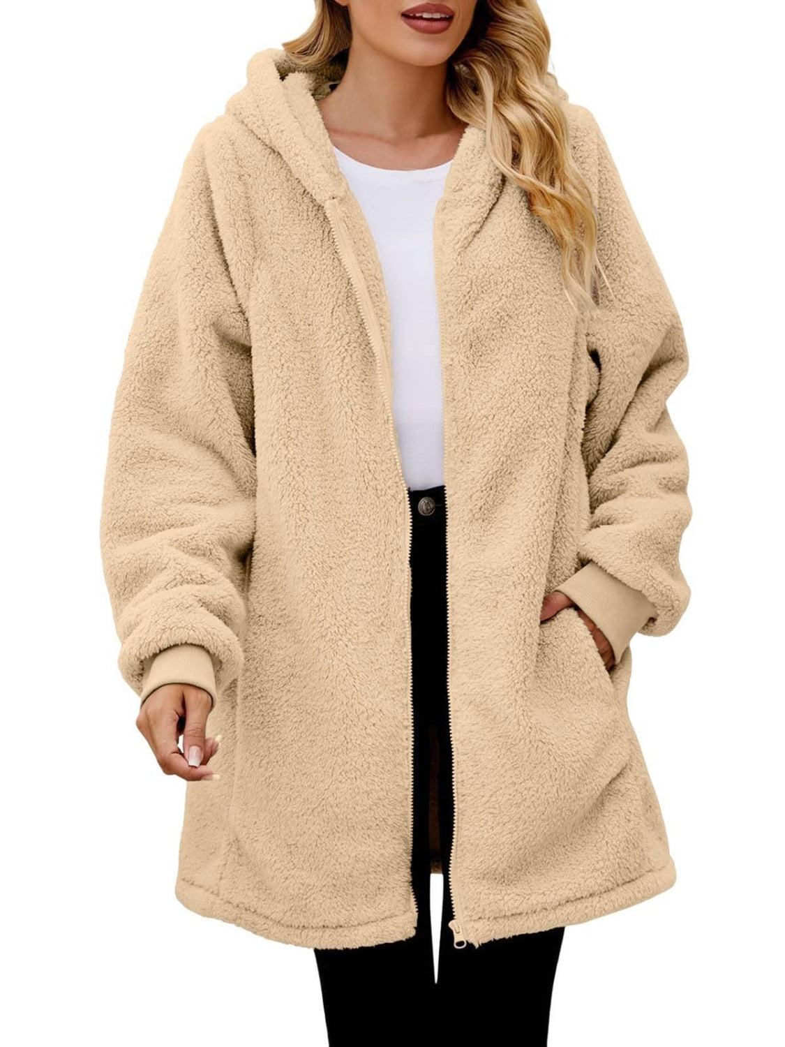 Fuzzy Pocketed Zip Up Long Sleeve Hooded Jacket