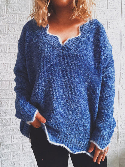 Notched Dropped Shoulder Long Sleeve Sweater